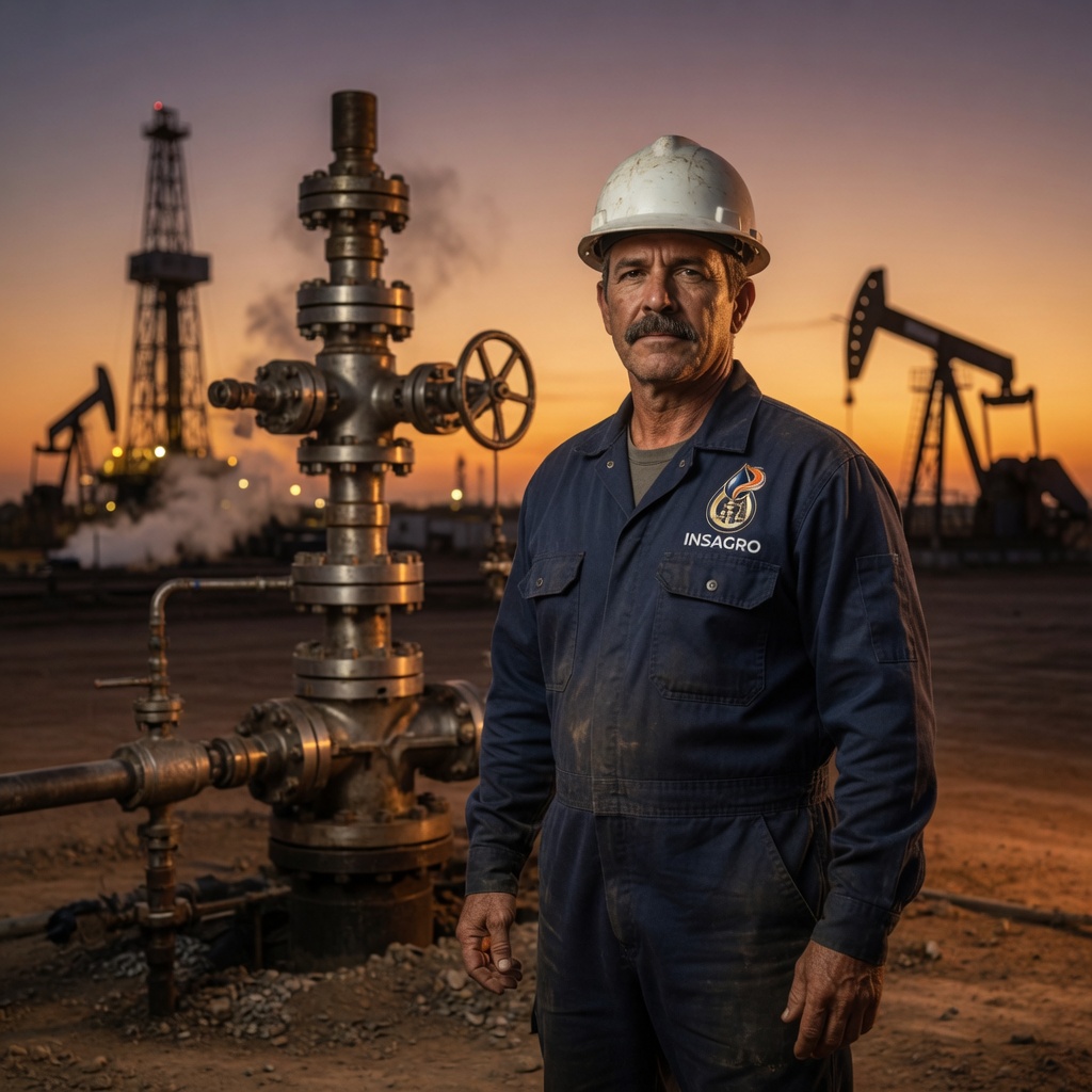 Equipo técnico con EPP trabajando en locación petrolera de campo
