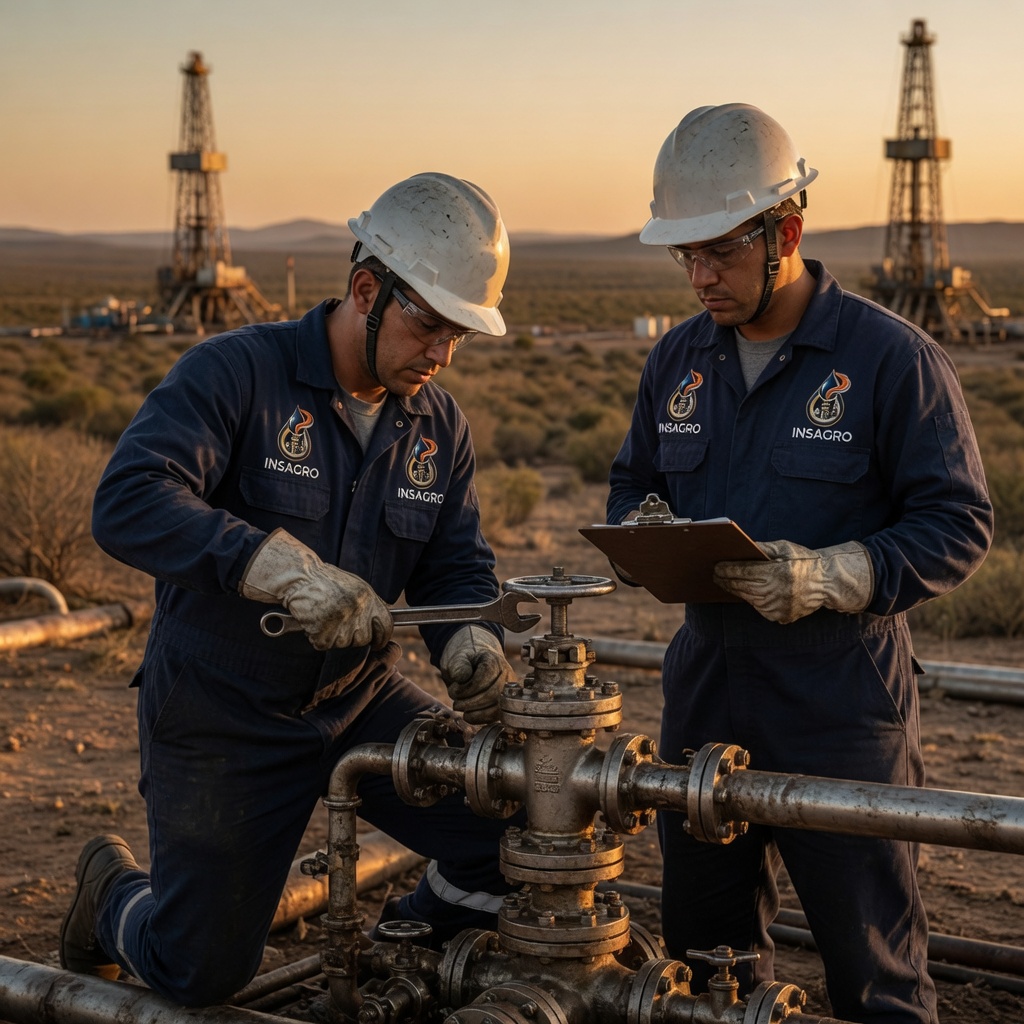 Personal técnico y equipos en locación petrolera durante operaciones de campo